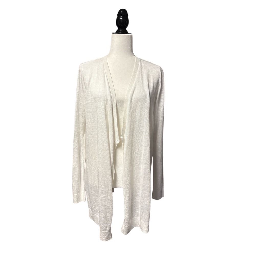 LOFT Women's White Ramie Blend‎ Open Front Long Sleeve Cardigan Sweater M NWT